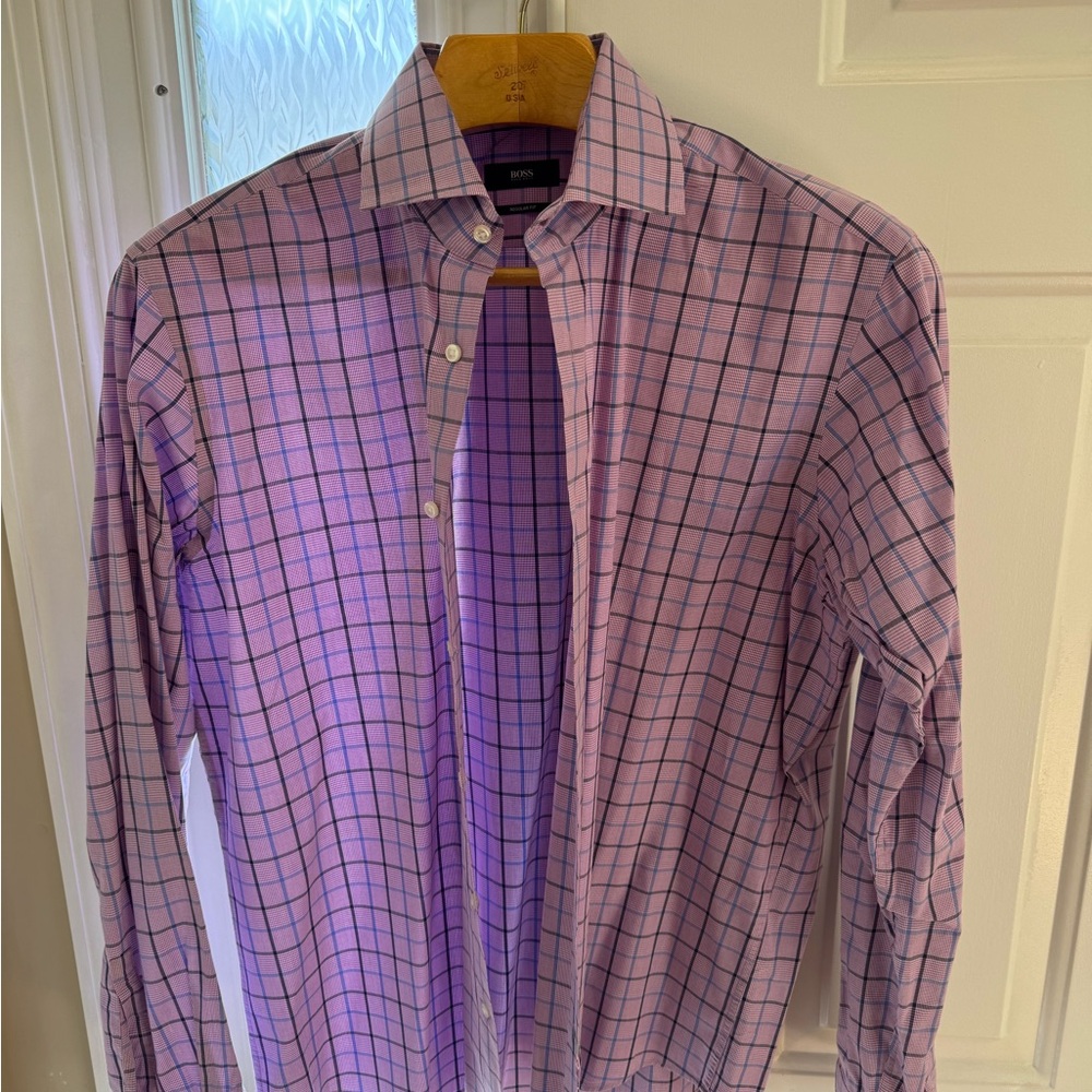BOSS Men's Pink Checkered Shirt